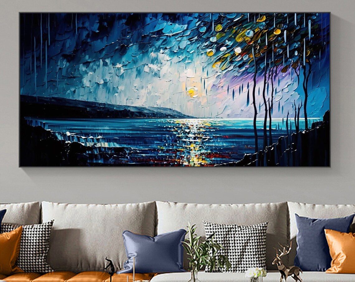 Moonlit Ocean Night with Willow Branches Oil Painting Art Print - Image 6