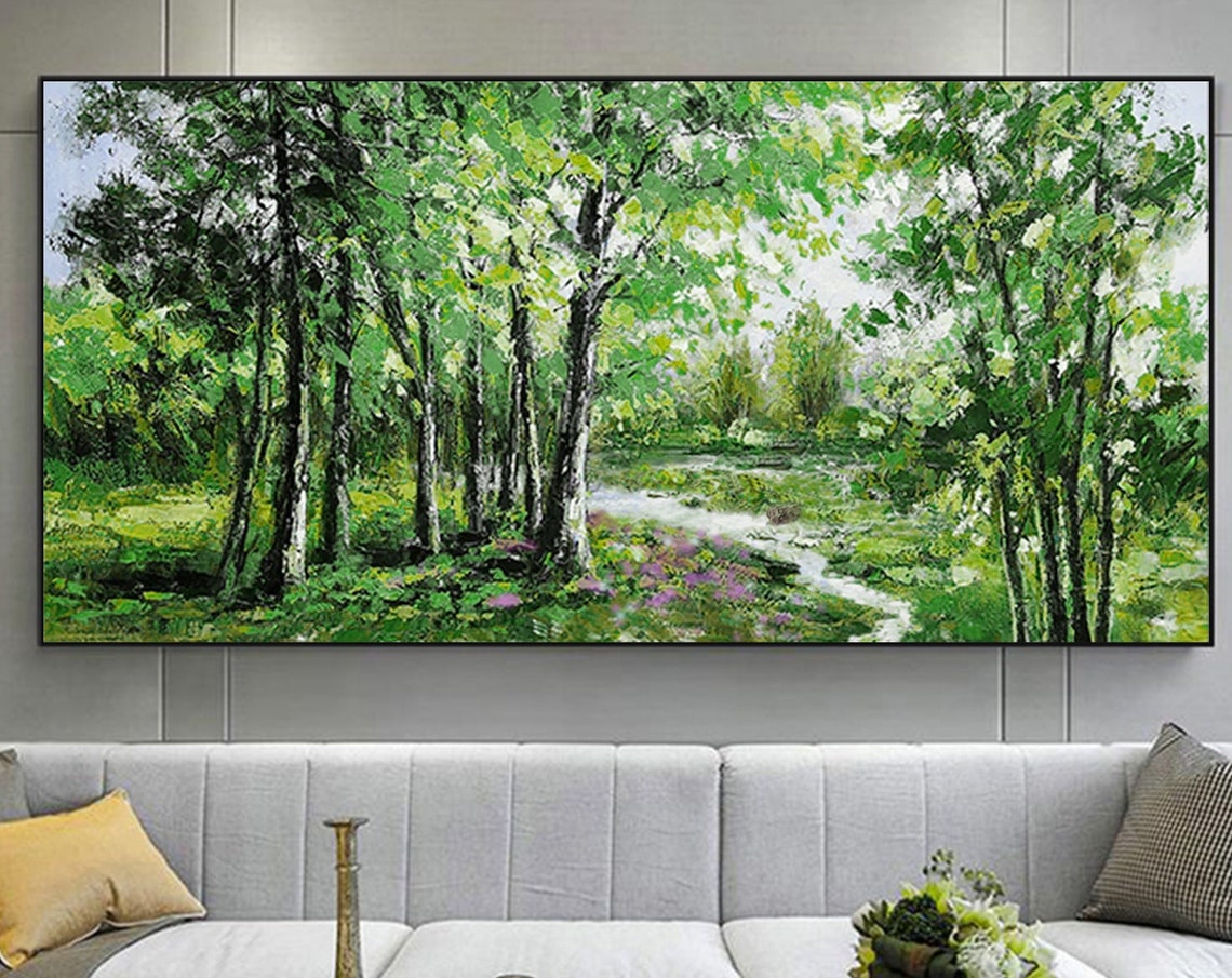 Green Birch Forest Path with Stream Panoramic Oil Painting Art Print