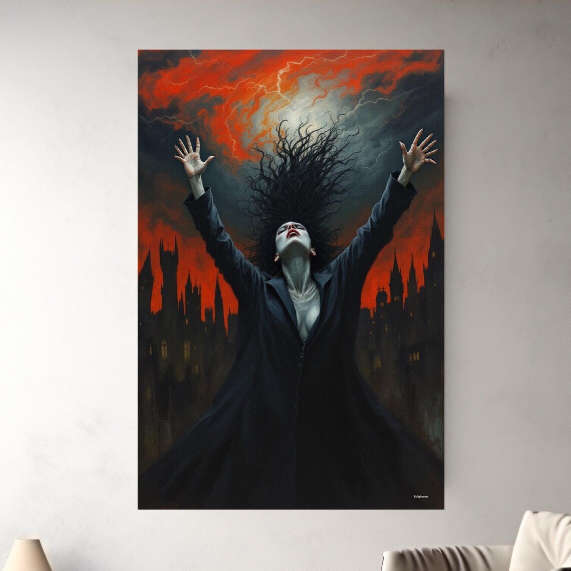 Gothic Witch With Raised Arms Summoning A Storm Over A Castle At Night Poster