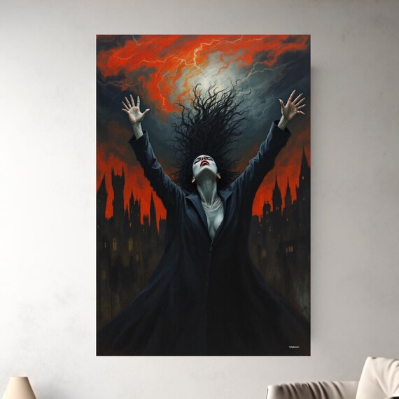 Gothic Witch With Raised Arms Summoning A Storm Over A Castle At Night Poster