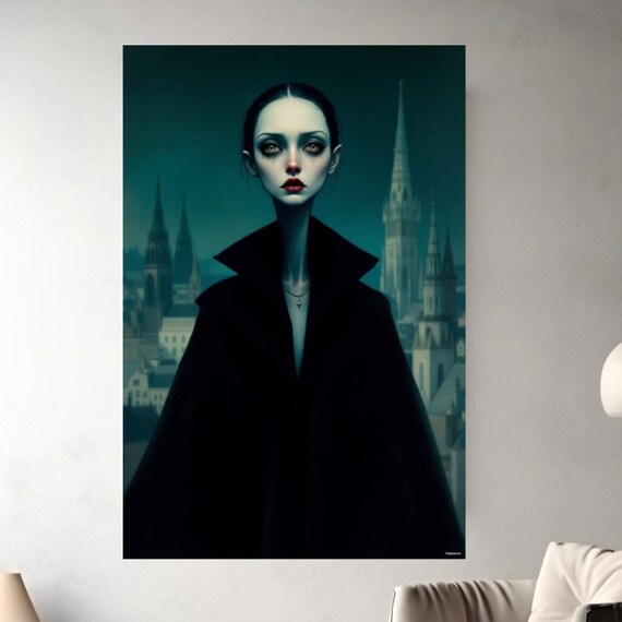 Pale Gothic Woman In A Black Cloak Before Cathedral Spires At Dusk Poster