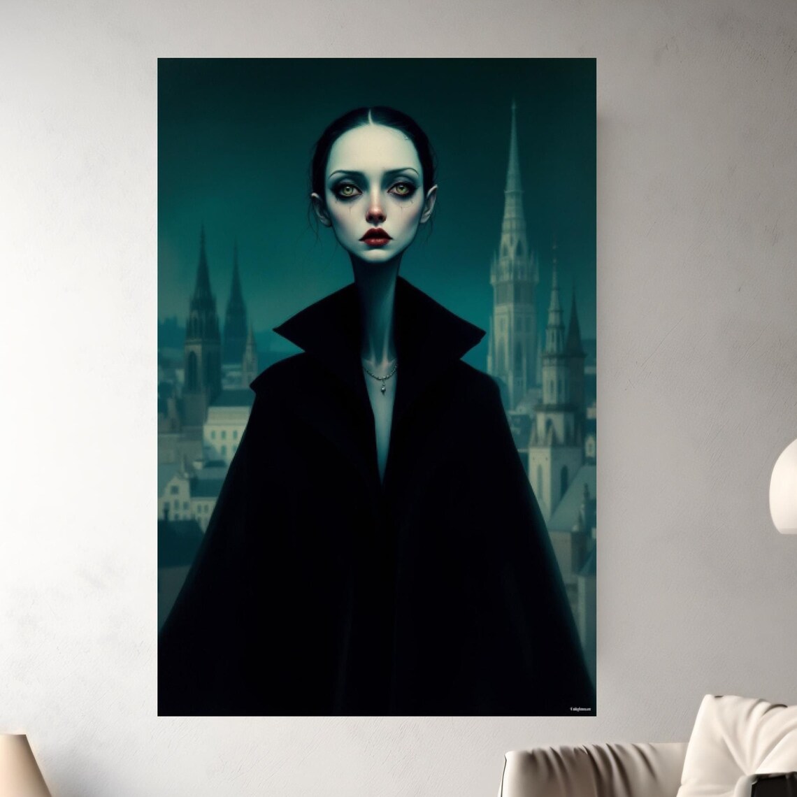 Pale Gothic Woman In A Black Cloak Before Cathedral Spires At Dusk Poster