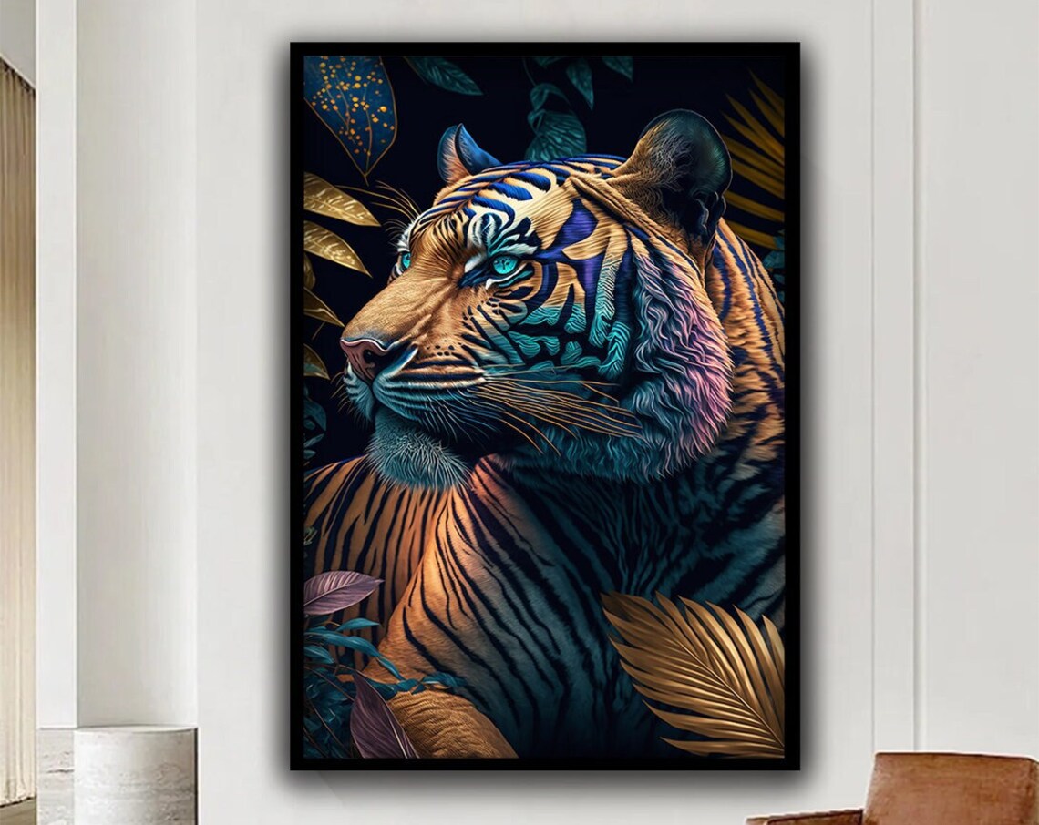 Colorful Tiger Head Golden Leaves Pop Art Jungle Wild Animal Wall Art Print