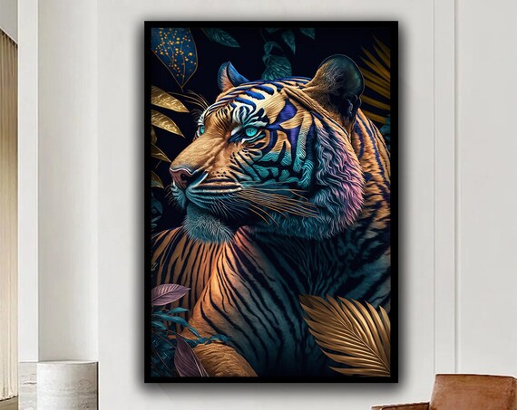 Colorful Tiger Head Golden Leaves Pop Art Jungle Wild Animal Wall Art Print
