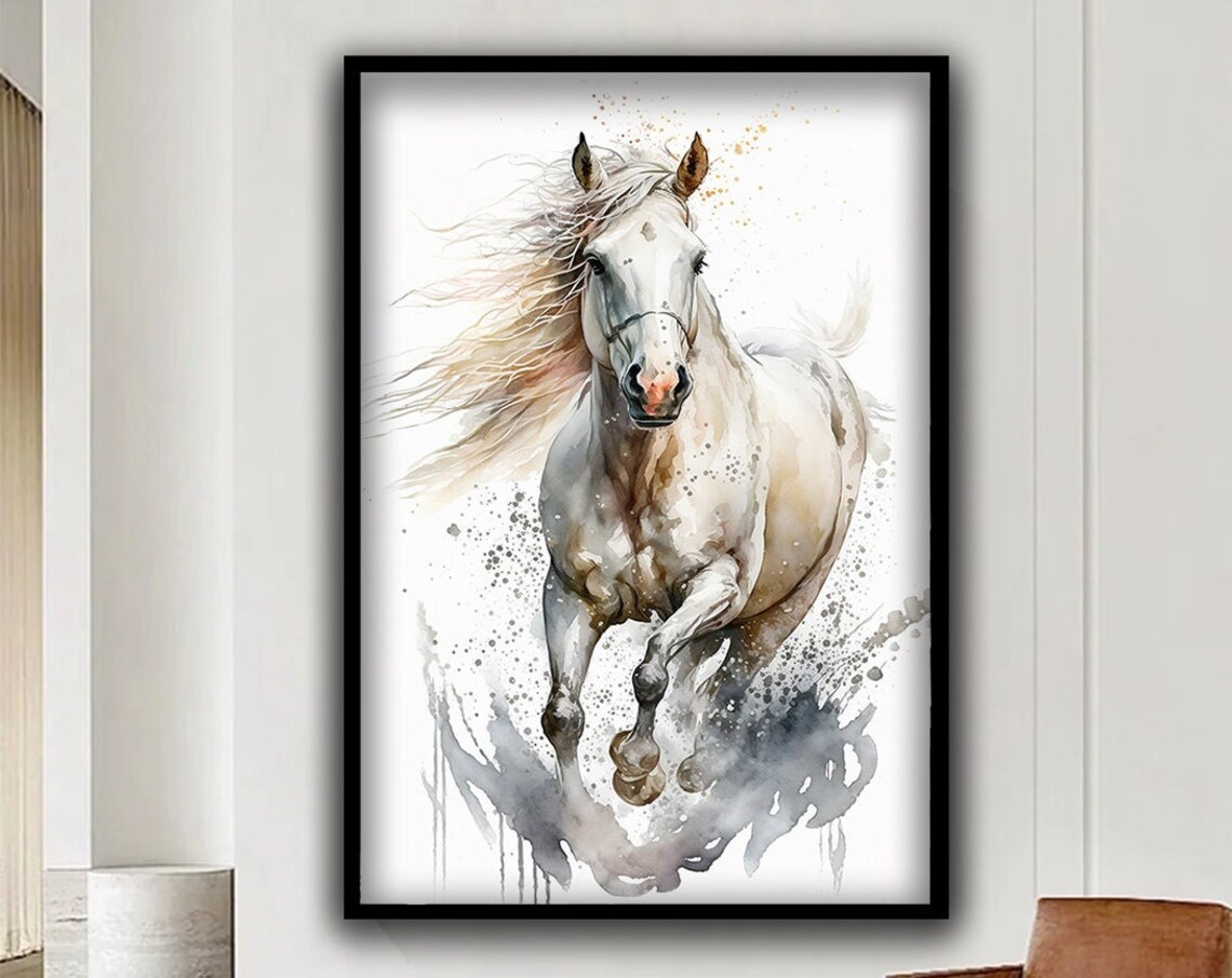 White Horse Running Watercolor Paint Splatter Equine Art Poster