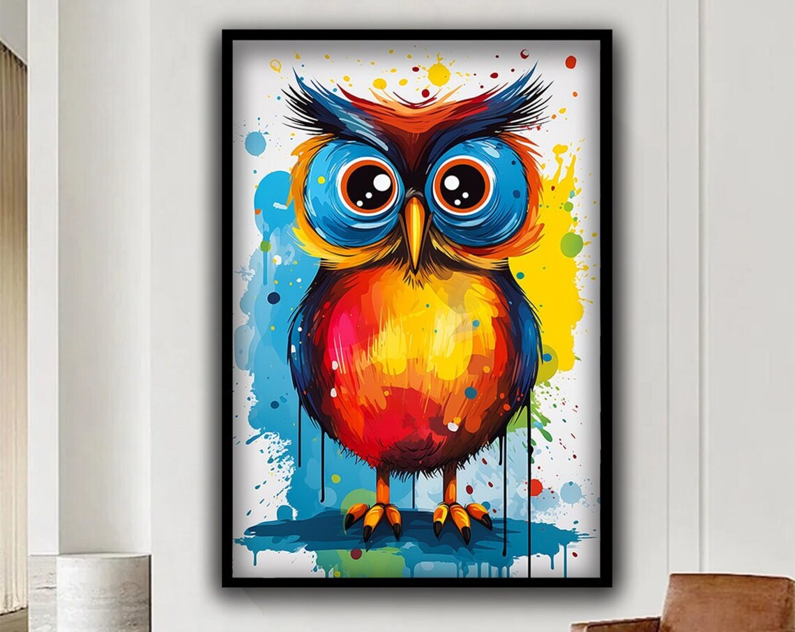Colorful Cartoon Owl Big Eyes Paint Splash Fun Animal Art Poster