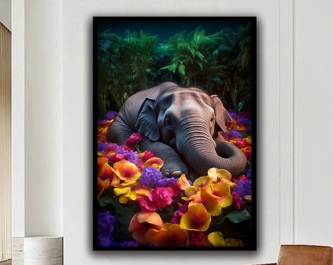 Baby Elephant Sleeping Tropical Flowers Night Jungle Wall Art Poster
