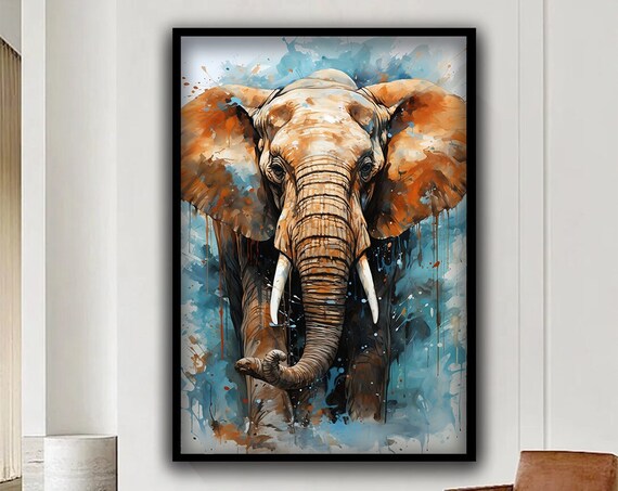Majestic Elephant Watercolor Splash Blue Orange Animal Art Poster
