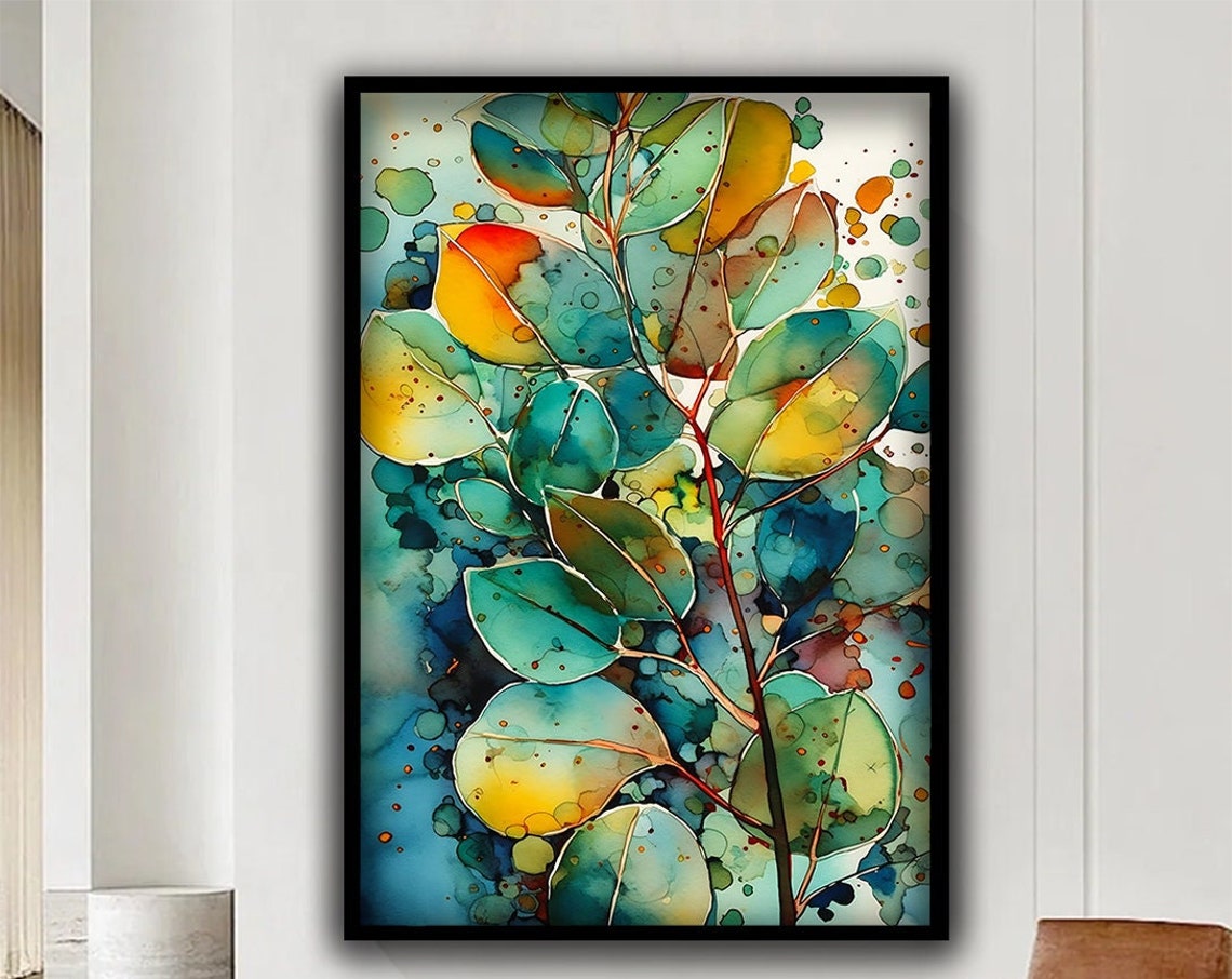 Colorful Alcohol Ink Eucalyptus Leaves Teal Yellow Botanical Poster