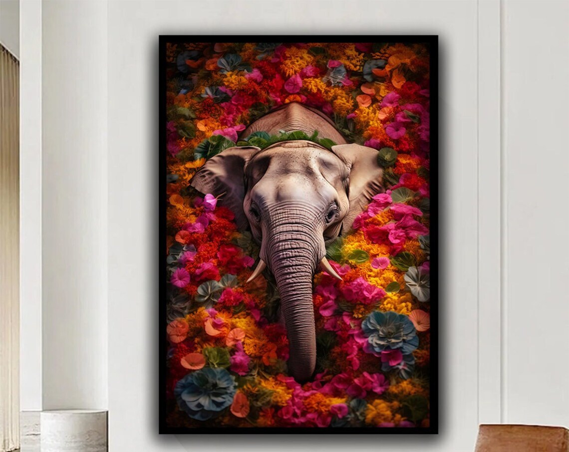 Elephant Blooming Colorful Flowers Vibrant Floral Animal Wall Art Poster