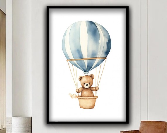 Teddy Bear Hot Air Balloon Blue Watercolor Nursery Kids Wall Art Poster