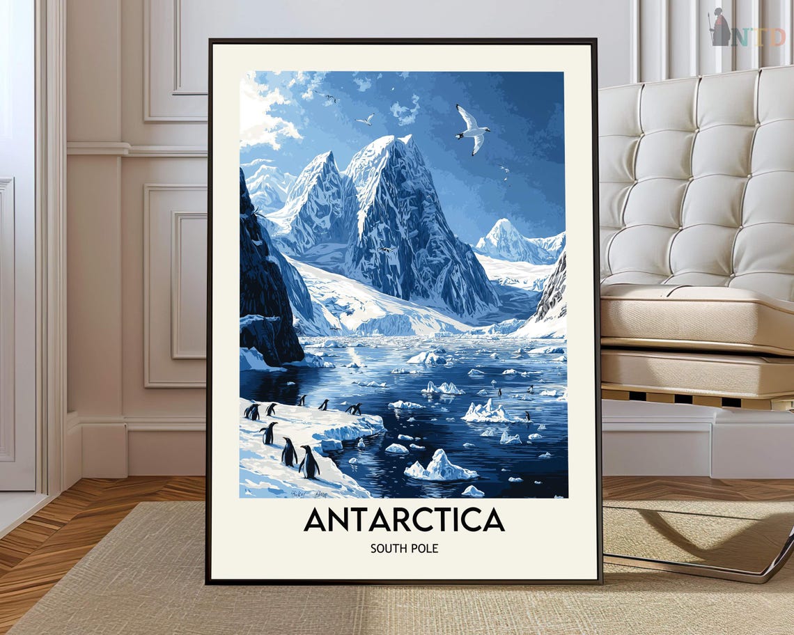 Antarctica South Pole Penguins on Ice Vintage Style Art Poster