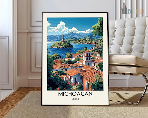 Michoacan Mexico Lake Town Retro Travel Colonial Village Poster