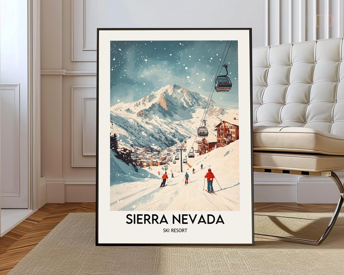Sierra Nevada Ski Resort Snowy Starry Night Village Slopes Poster