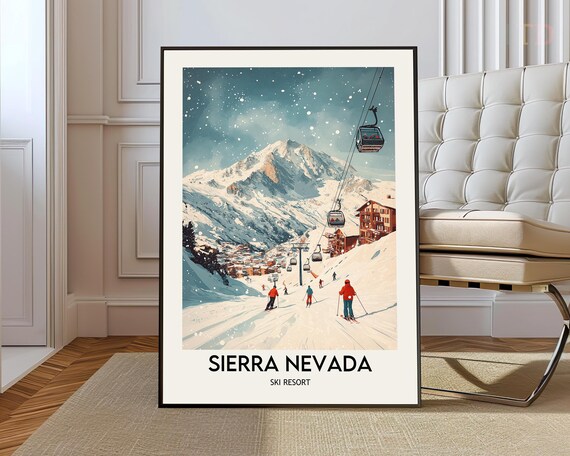 Sierra Nevada Ski Resort Snowy Starry Night Village Slopes Poster