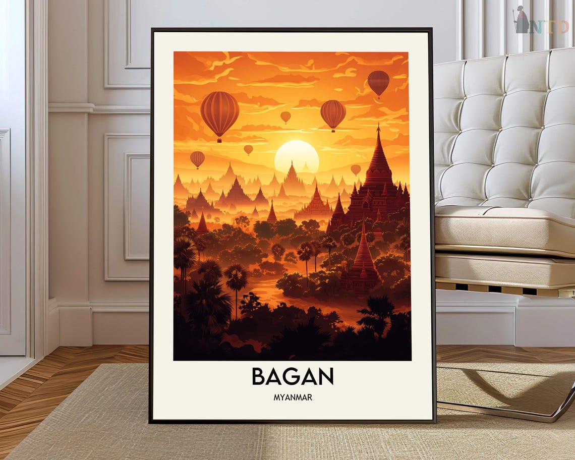 Bagan Myanmar Hot Air Balloons Over Ancient Temples Sunset Poster