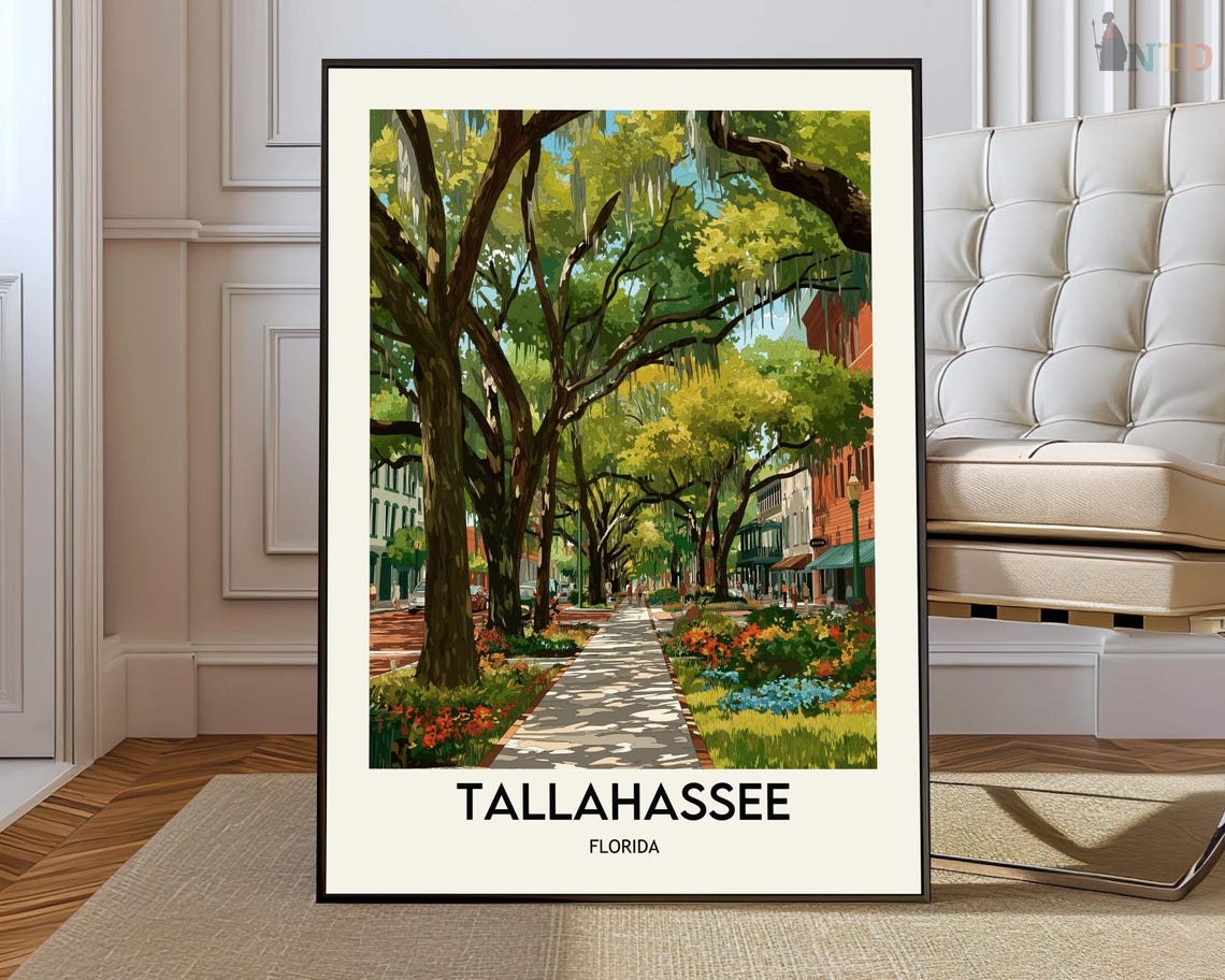 Tallahassee Florida Shaded Tree Lined Avenue Vintage Travel Poster