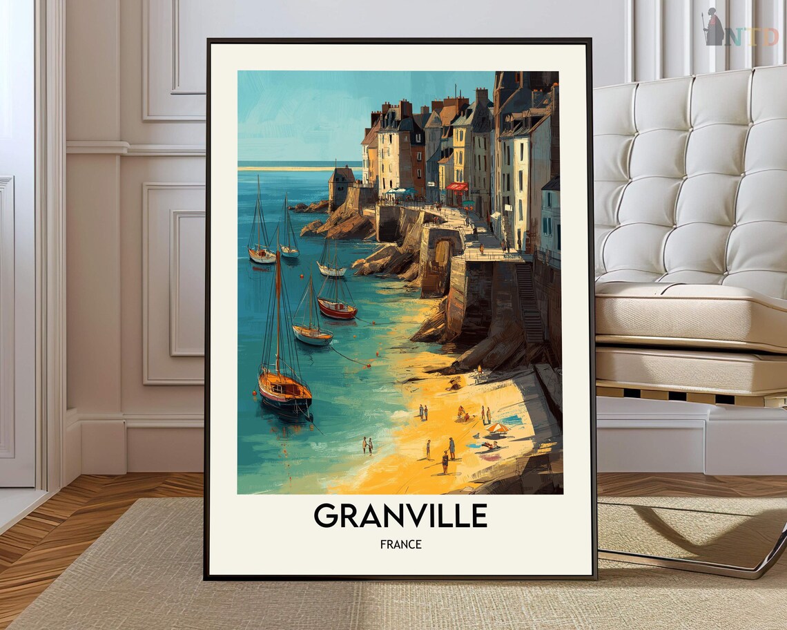 Granville France Harbor Sailboats Vintage Coastal Travel Poster