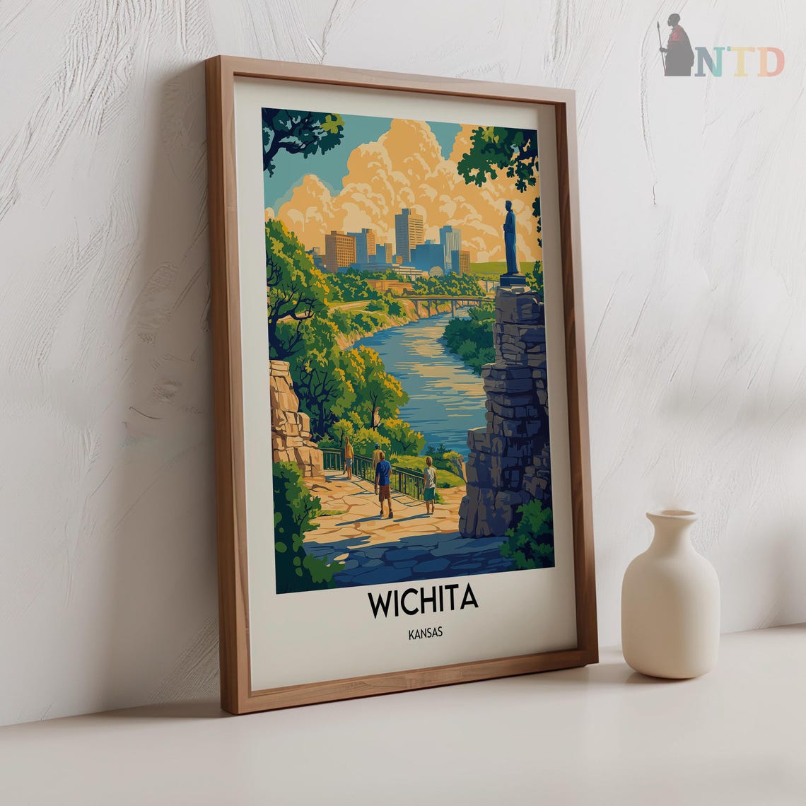 Wichita Kansas Riverfront Skyline Statue Vintage Travel Poster - Image 2