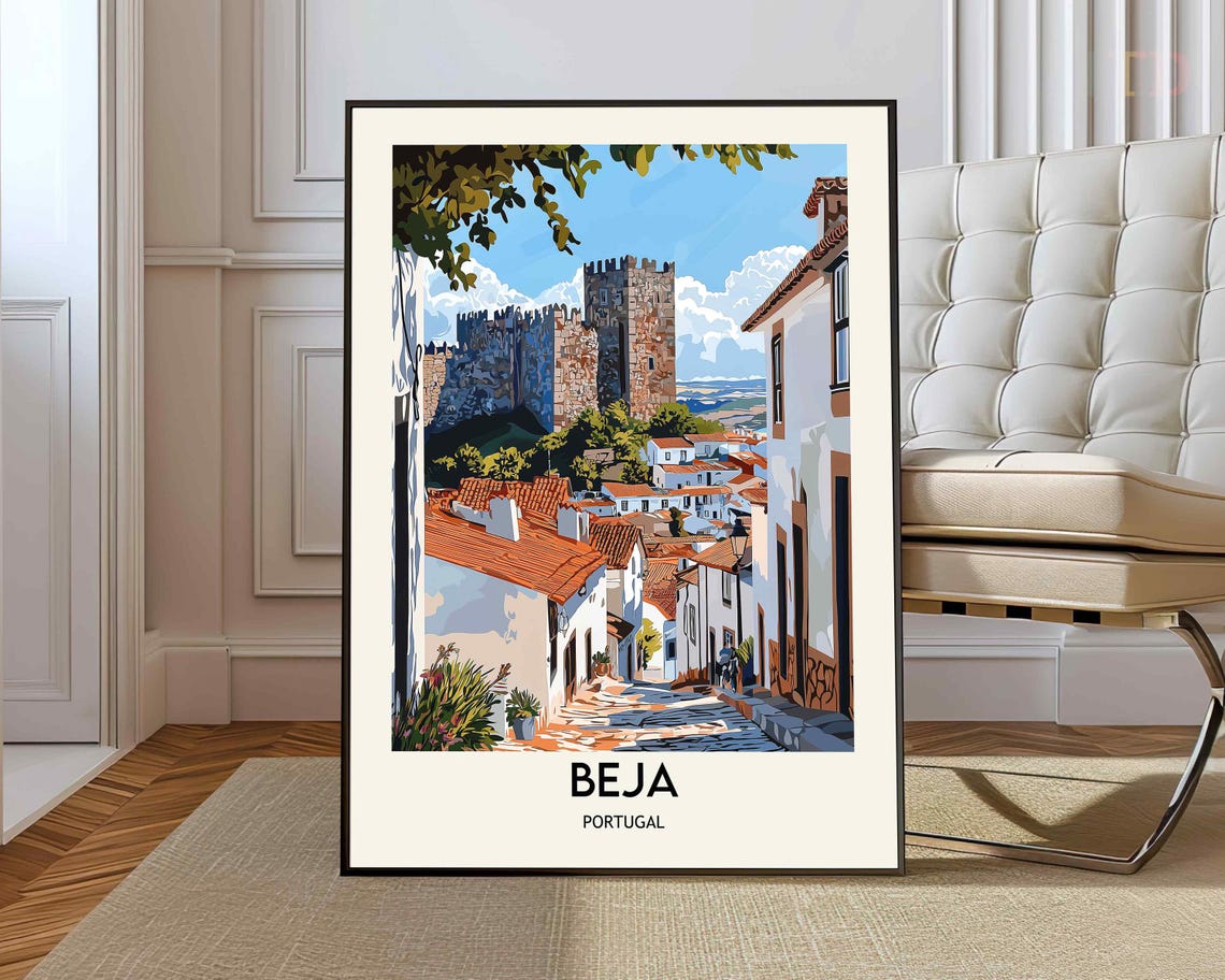 Beja Portugal Castle Hill Old Town Cobblestone Travel Poster