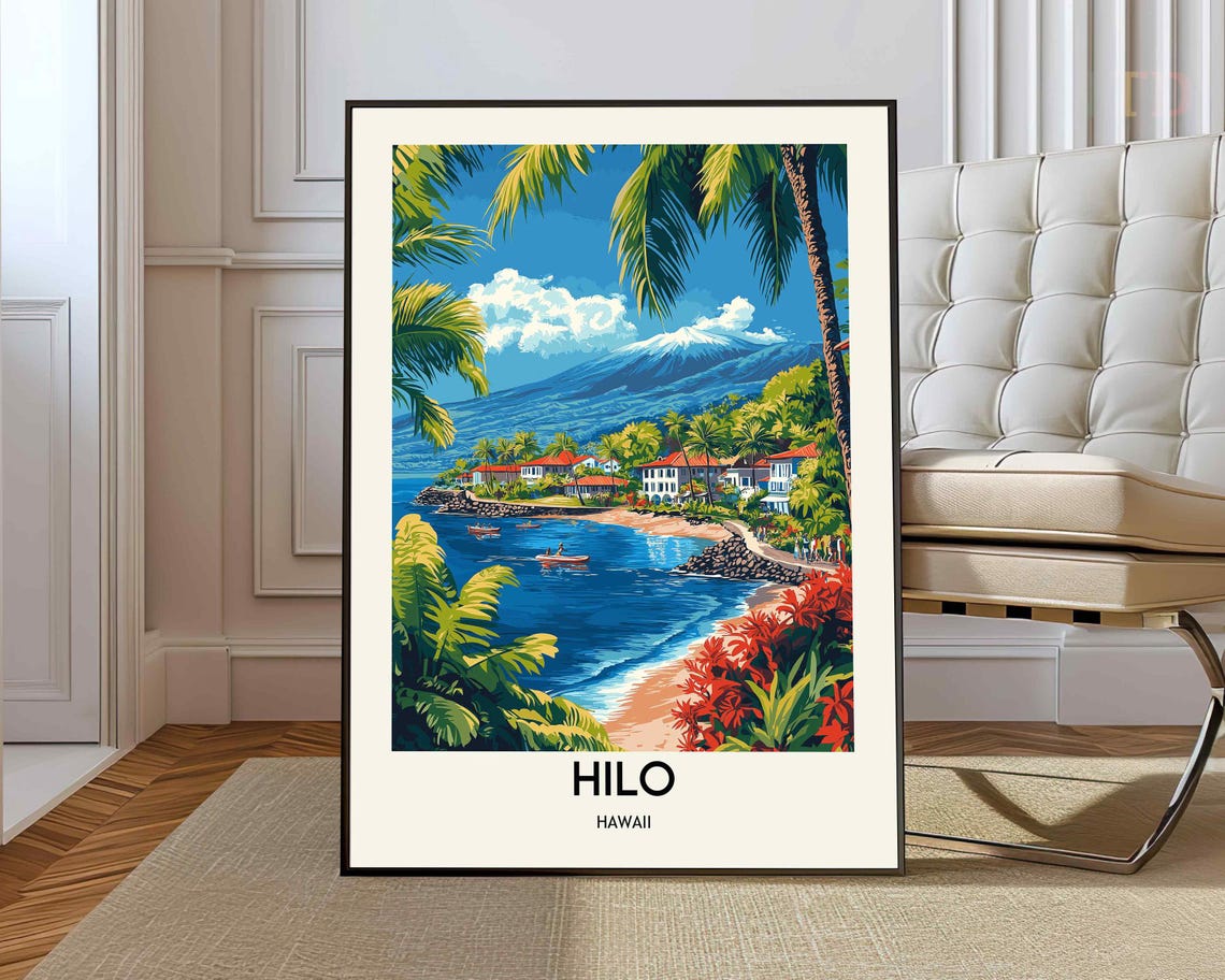 Hilo Hawaii Tropical Bay Mauna Kea Snow Peak Harbor Town Poster
