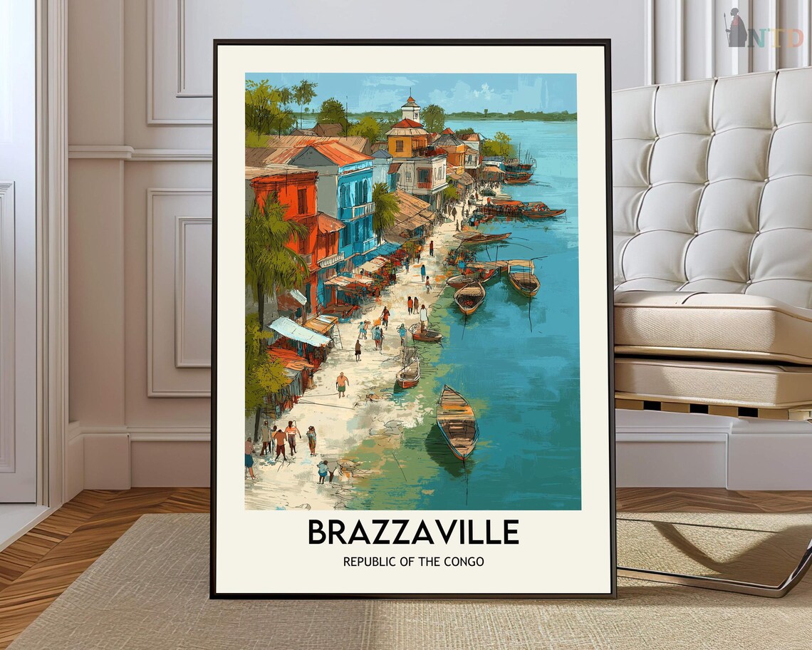 Brazzaville Congo Colorful Waterfront Market River Scene Travel Poster