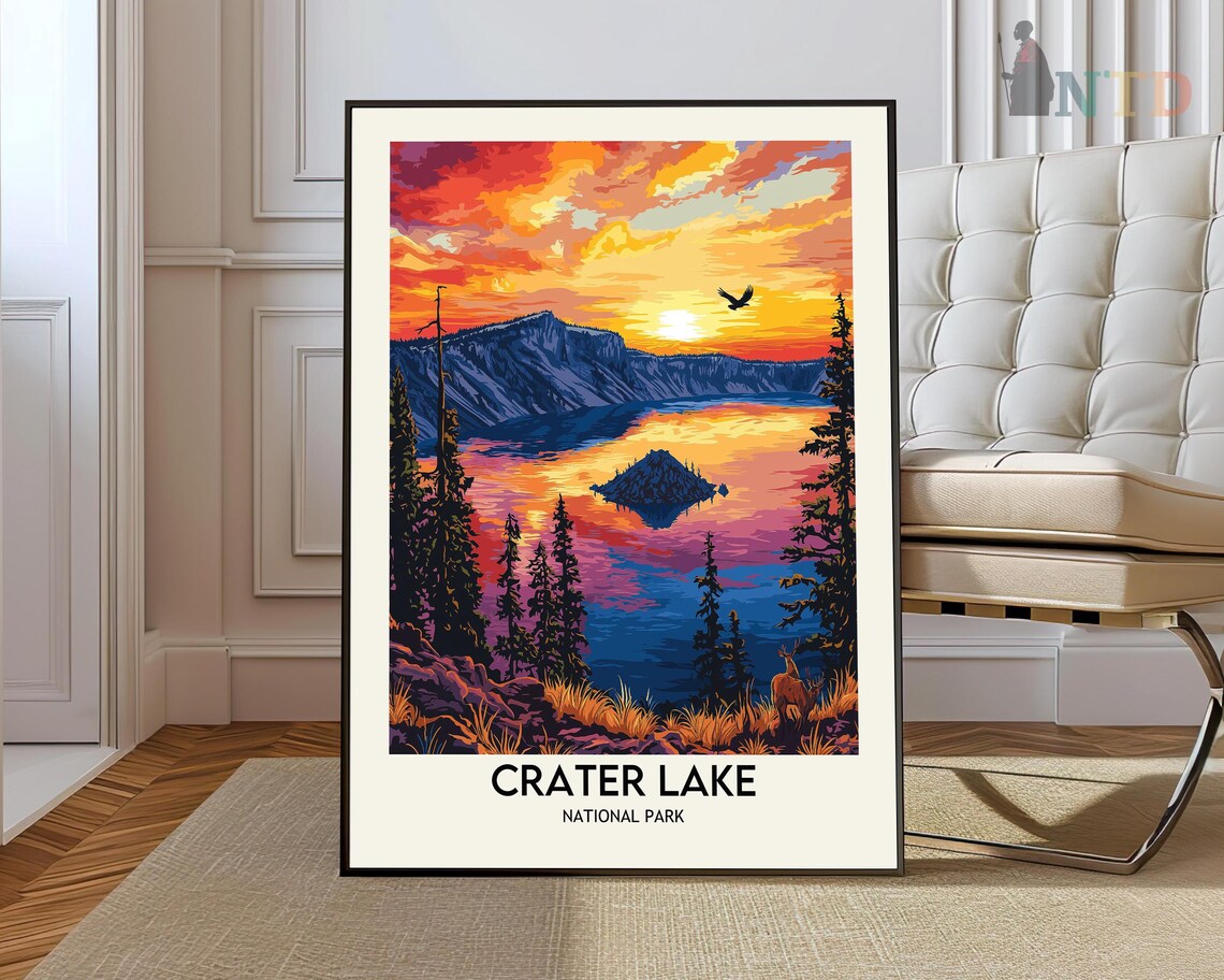 Crater Lake National Park Fiery Orange Sunset Reflection Poster