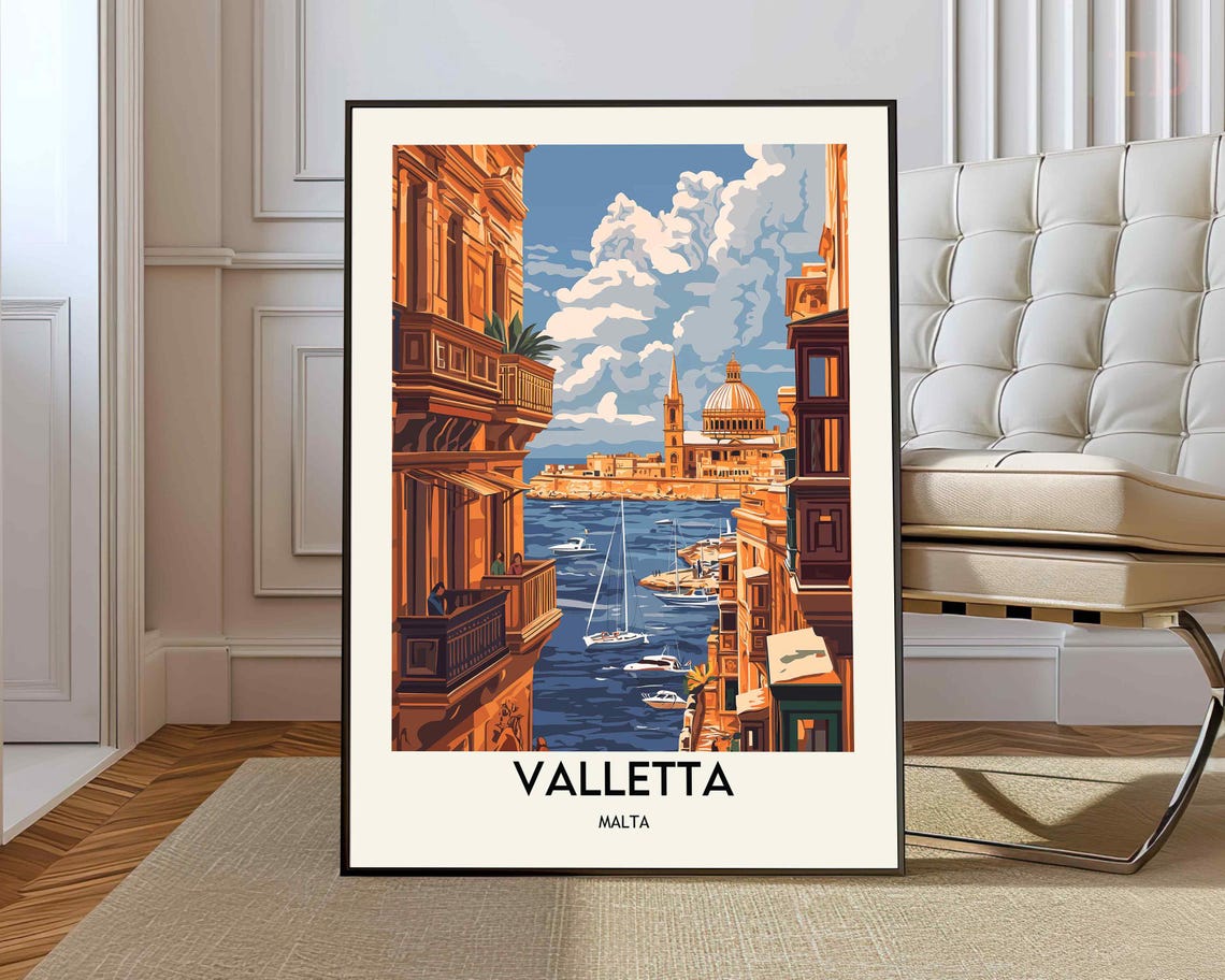 Valletta Malta Harbor Classic Vintage Travel Scene Art Poster