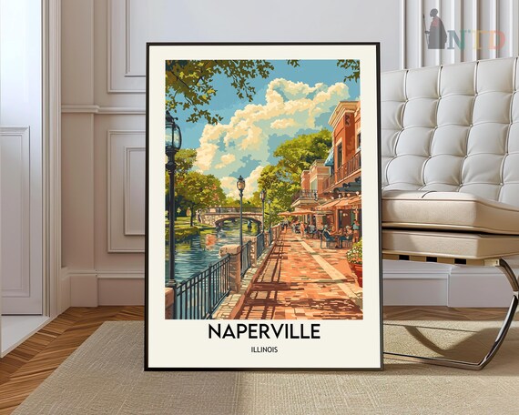Naperville Illinois Riverwalk Covered Bridge Vintage Travel Poster