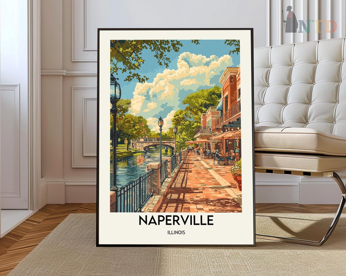 Naperville Illinois Riverwalk Covered Bridge Vintage Travel Poster