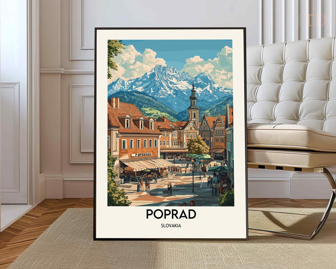 Poprad Slovakia Mountain Town Square Church Illustrated Travel Poster