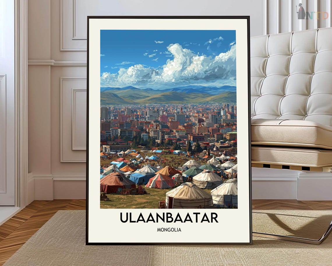 Ulaanbaatar Mongolia Cityscape Ger Village Hills Vintage Travel Poster