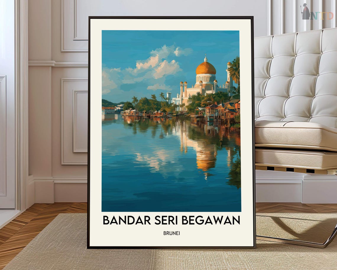 Bandar Seri Begawan Brunei Golden Mosque River Travel Poster
