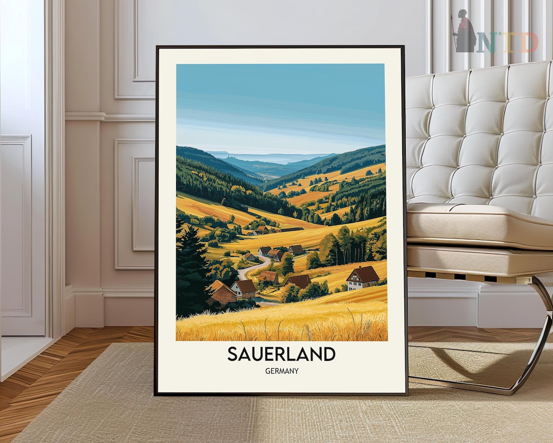 Sauerland Germany Golden Hills Village Countryside Travel Poster