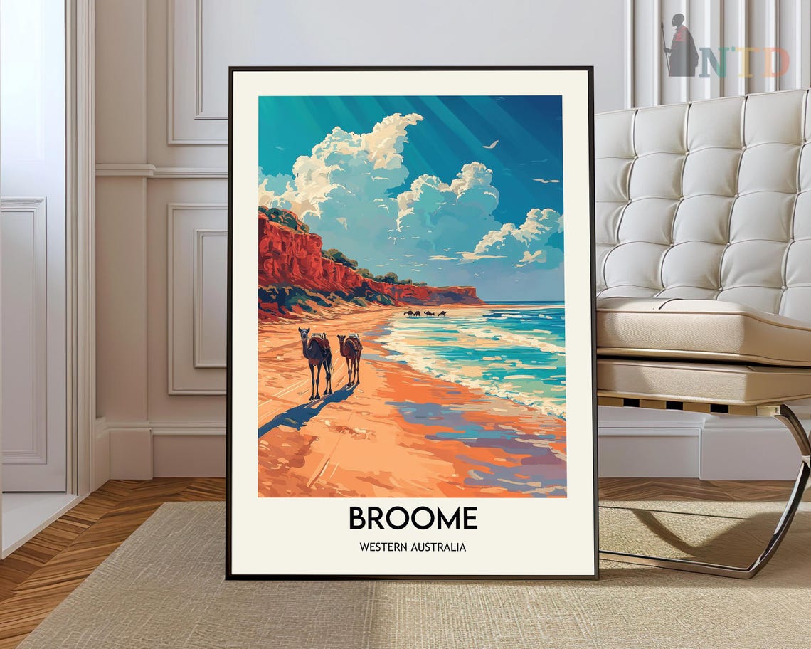 Broome Western Australia Cable Beach Camels Sunset Travel Poster