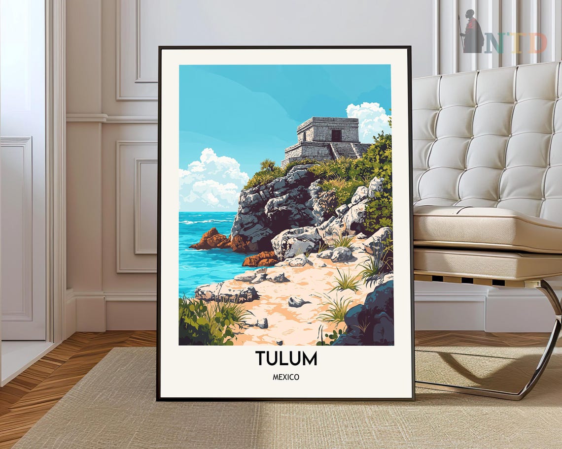 Tulum Mexico Mayan Ruins Cliffside Caribbean Vintage Travel Poster