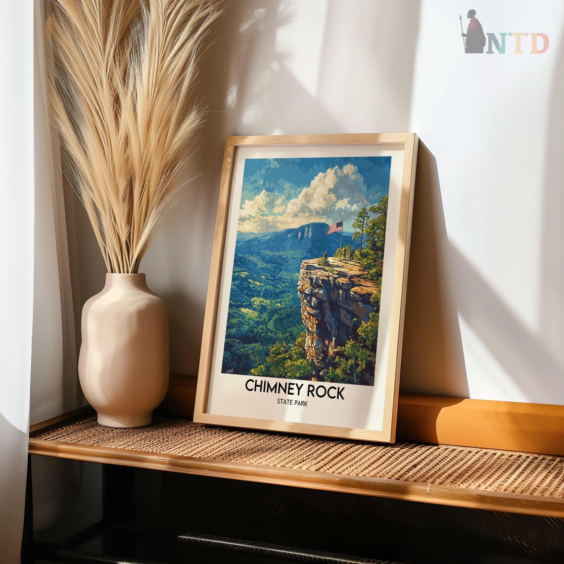 Chimney Rock State Park Flag Flying Over the Blue Ridge Vista Poster - Image 2