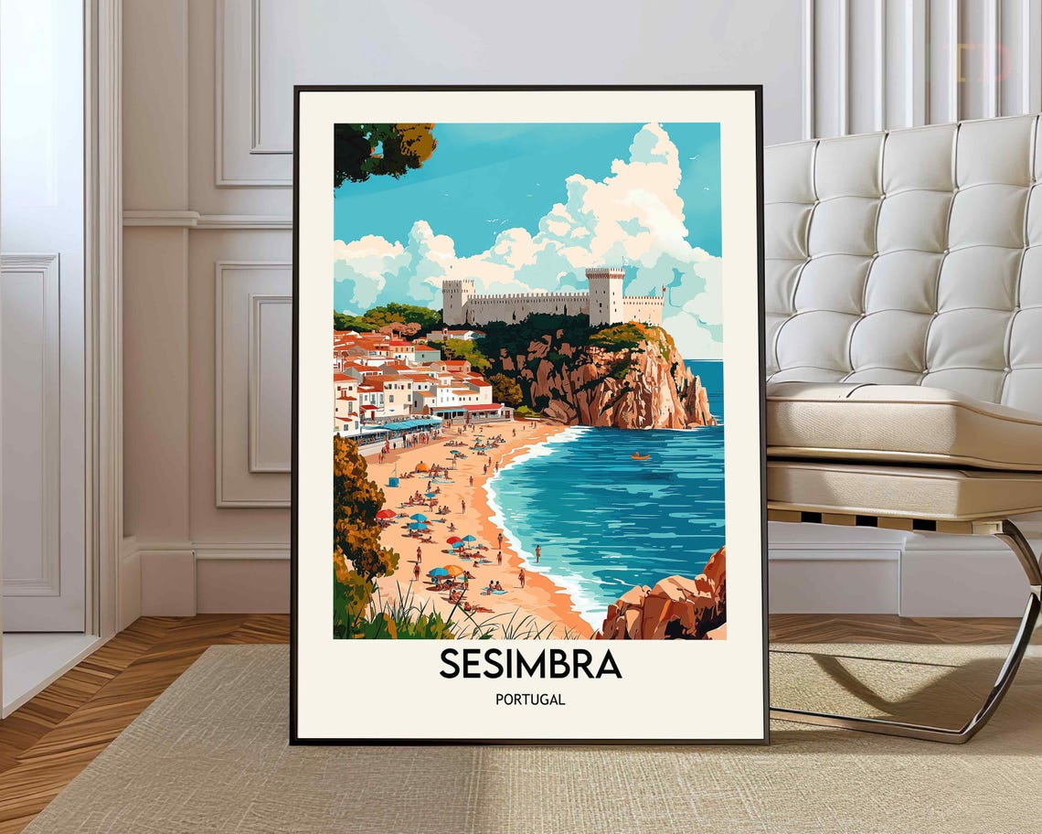 Sesimbra Portugal Beach Castle Coastal Vintage Travel Poster