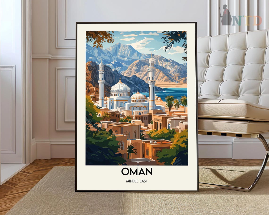 Oman Middle East Vintage Travel Poster Grand Mosque Coastline View