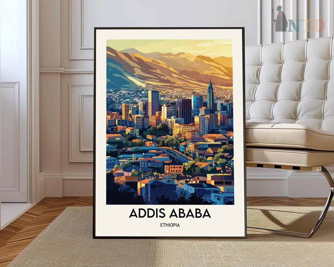 Addis Ababa Ethiopia City Skyline Mountains Sunset Travel Poster
