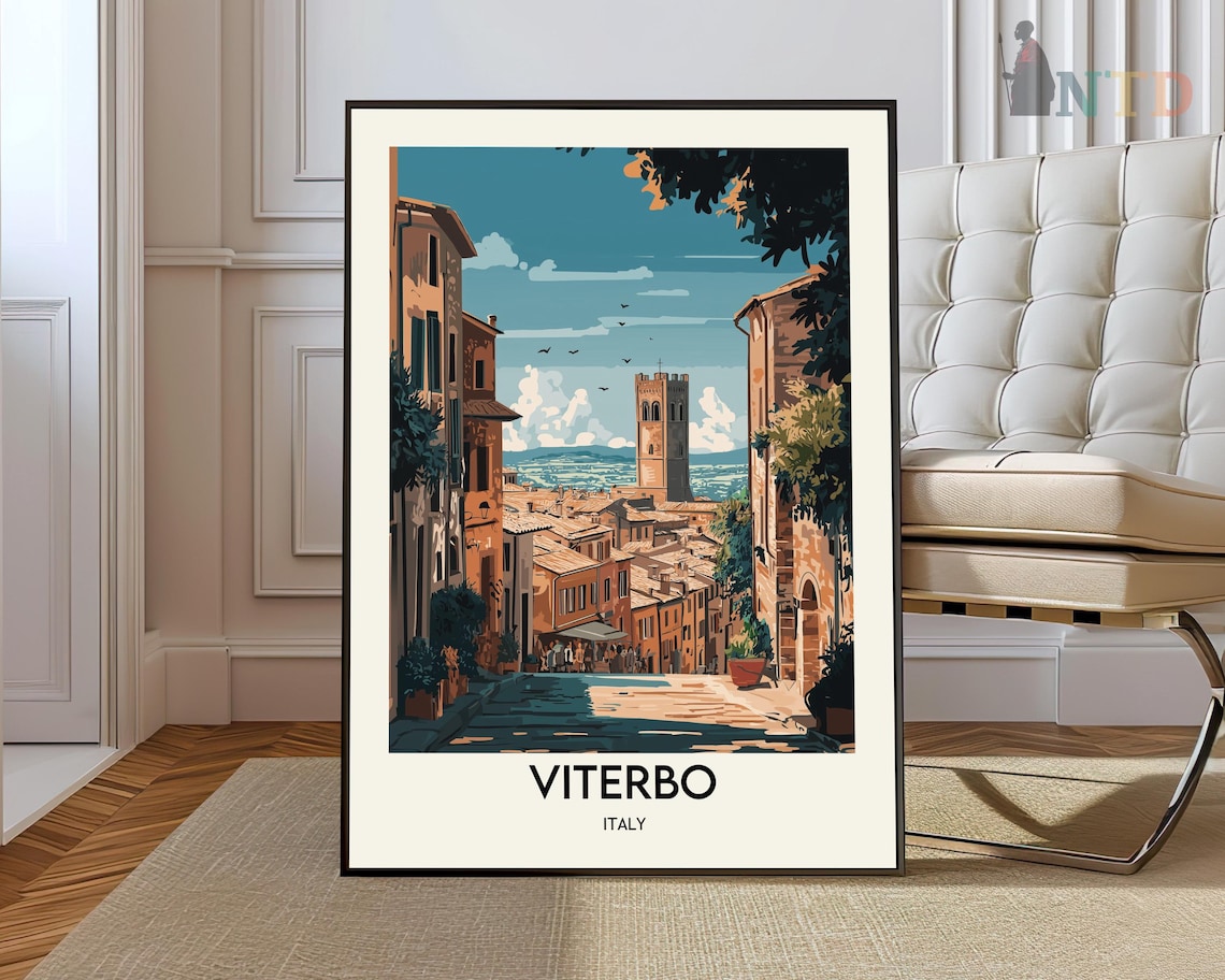 Viterbo Italy Medieval Street and Ancient Stone Tower Travel Poster