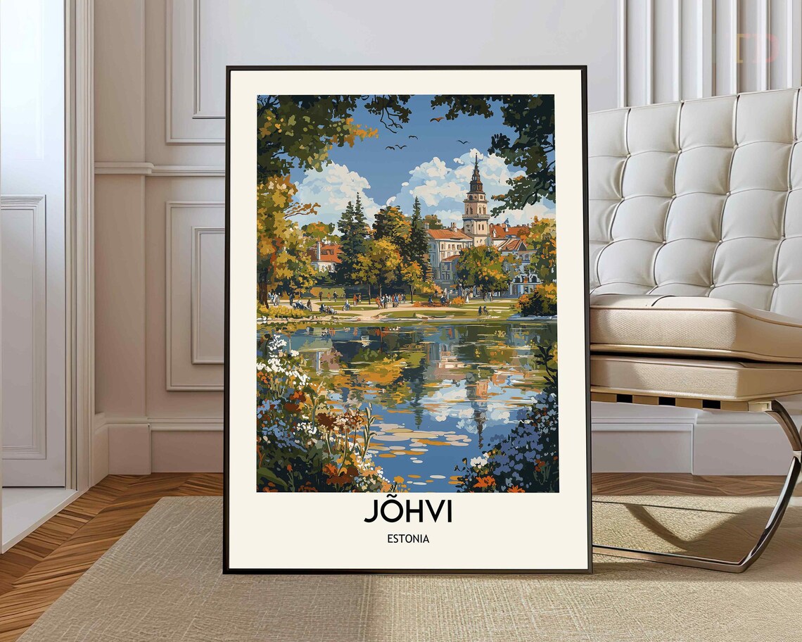 Jõhvi Estonia Church Tower Vintage Travel Poster Pond Park View