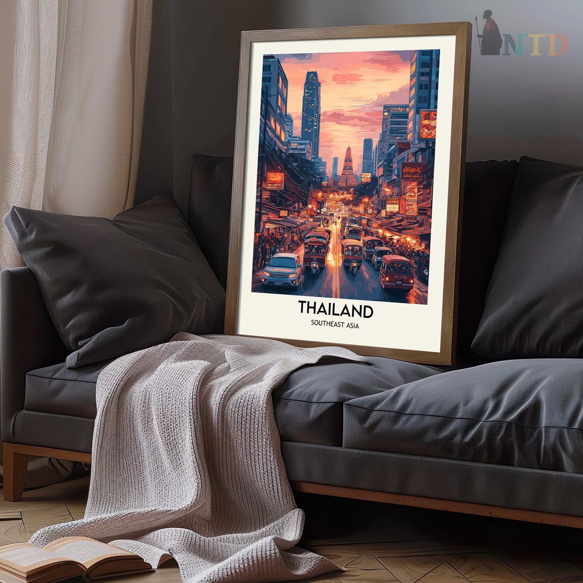 Thailand Street Scene at Sunset with Temple Spire Travel Poster - Image 3