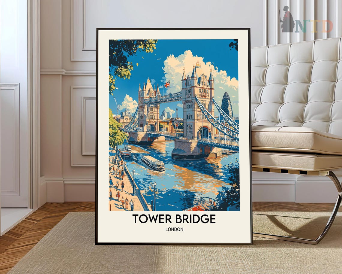 Tower Bridge London Thames River Landmark Sunny Day Travel Poster