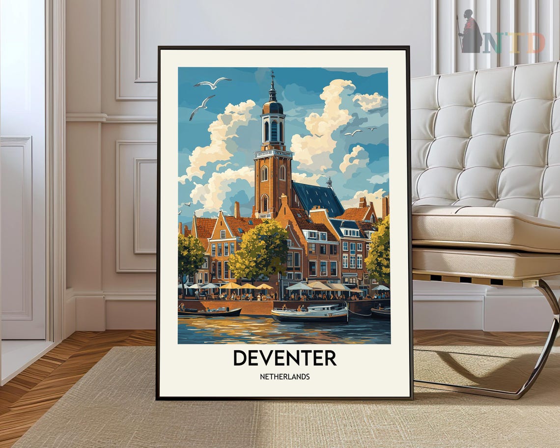 Deventer Netherlands Vintage Historic Waterfront Town Travel Poster