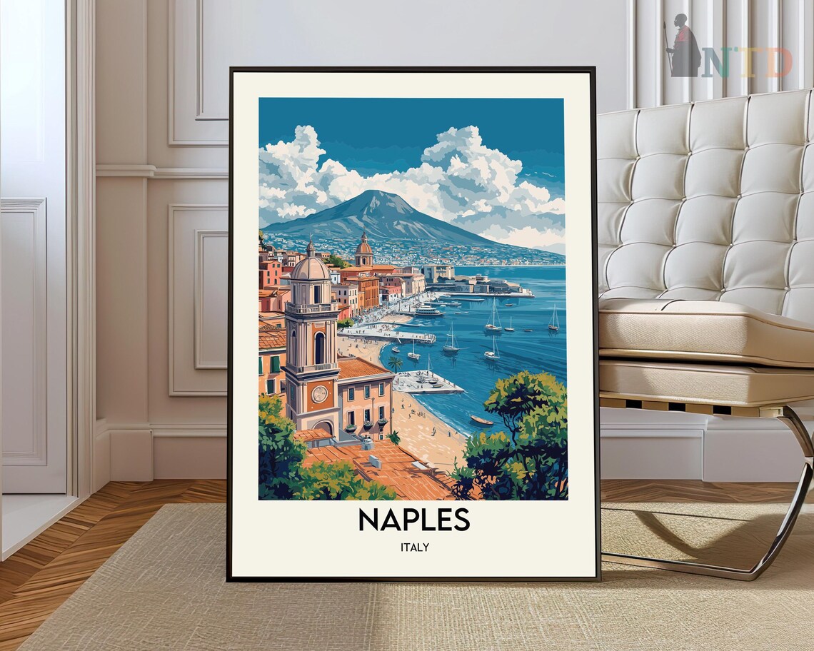 Naples Italy Mount Vesuvius Bay Beach And Boats Travel Poster