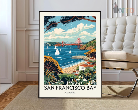 San Francisco Bay Golden Gate Bridge Sailboat Vintage Travel Poster