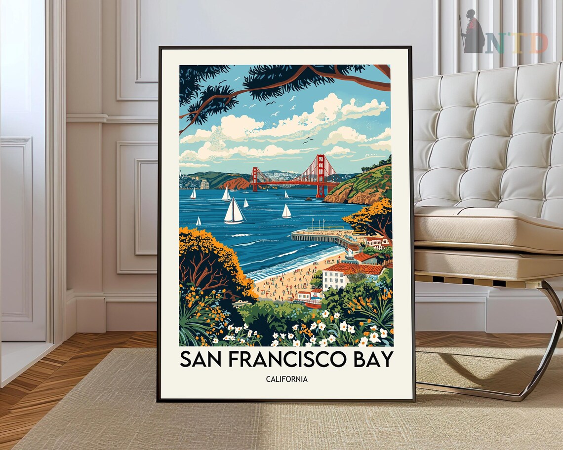 San Francisco Bay Golden Gate Bridge Sailboat Vintage Travel Poster