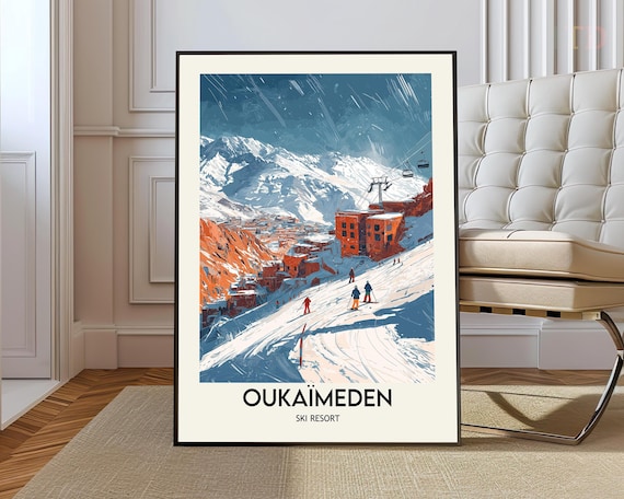 Oukaïmeden Ski Resort Vintage Poster Snowy Slopes Gondola Ride