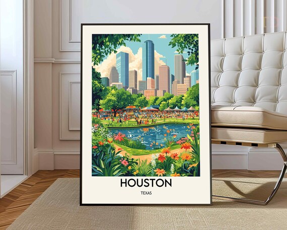 Houston Texas Downtown Skyline Park Flowers Garden Travel Poster